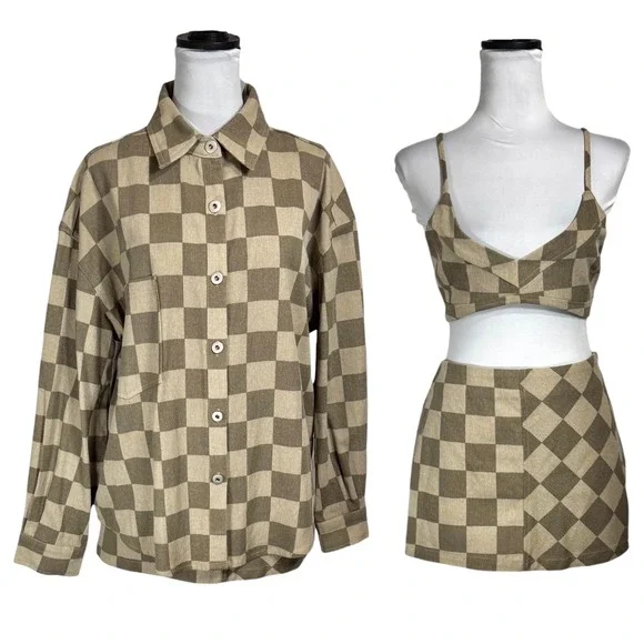 NWT Fashion Nova 3 Pc Checkered Plaid Skirt Set Size L Crop Top Jacket Skater - Picture 2 of 16